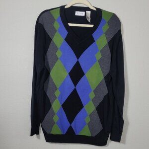 Vintage Mens Argle Crewneck Sweater Size L Cotton Blue Green Preppy Academia Y2K